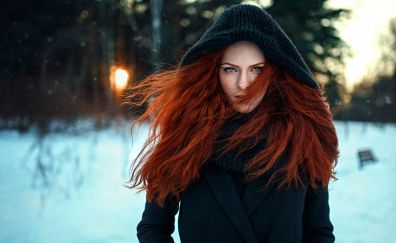 Red head, girl model, winter, outdoor