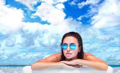 Blue sunglasses, summer, outdoor, girl model, 4k