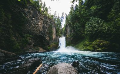Waterfall, river, forest, cliff, nature