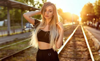 Beautiful, sunlight, girl, rail roads