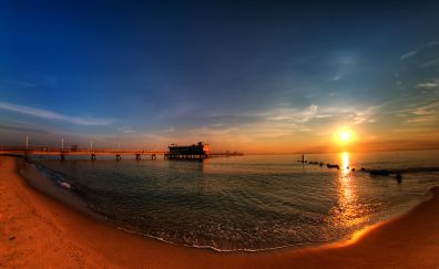 Horizon, skyline, beach, sea waves, dock, sunset