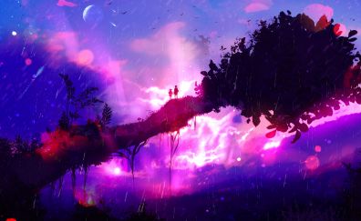 Fantasy, couple, tree, night, illustration, anime art
