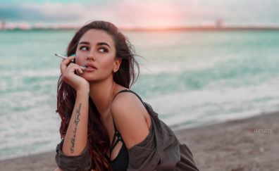 Girl model, outdoor, beach, smoking, tattoo