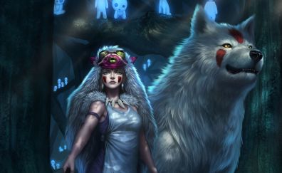 Wolf, ghosts, girl warrior, forest, fantasy