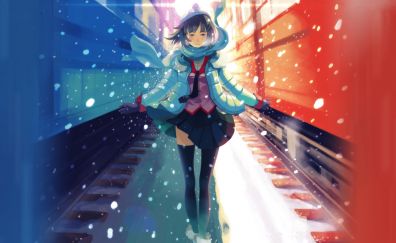 Walk, anime girl, Tsubasa Hanekawa, Bakemonogatari, winter