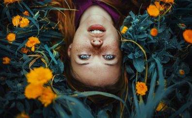 Blue eyes, girl model, flowers, grass, face