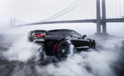 Smoke, sports car, black Chevrolet Corvette