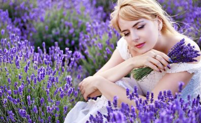 Beautiful, girl, white dress, lavender farm