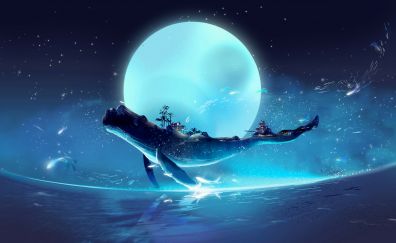 Fantasy, flying whale, moon night, art