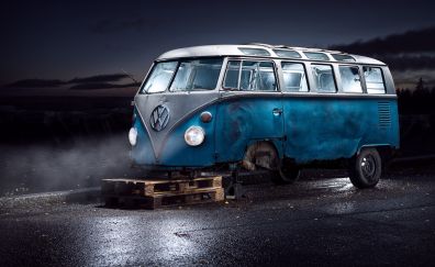 Volkswagen, blue van, wreck car