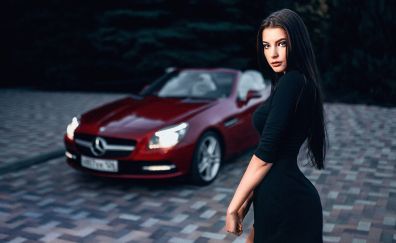 Luxury car, red, model, black dress