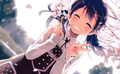 Smile, girl, anime, blossom, 4k