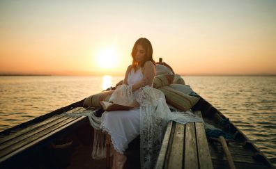 Boat, reading book, sunset, girl model