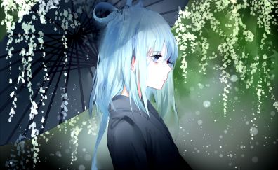 Original, anime girl, umbrella, blue hair