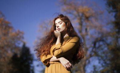 Red head, closed eyes, outdoor, girl model