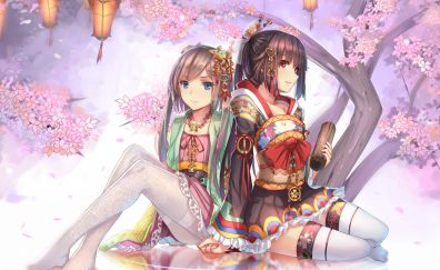 Anime girls, cherry blossom, sitting