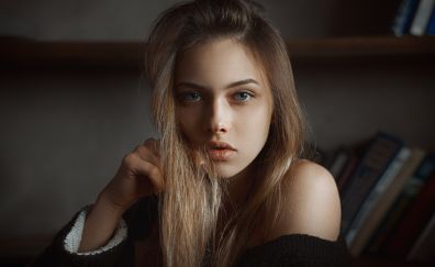 Stare, bare shoulder, sit, indoor, woman