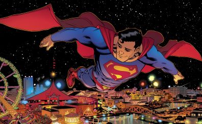 Flight of superman, over city, comics
