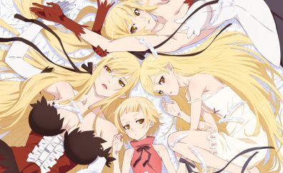 Anime girls, lying on bed, Bakemonogatari