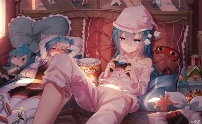 Lazy, anime girl, video game, play, Hatsune Miku