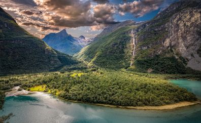Naeroyfjord, fjord, Norway, river, valley, mountains, waterfall