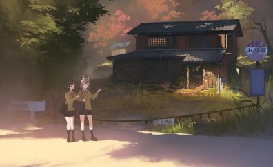 Anime girl, art, cottage