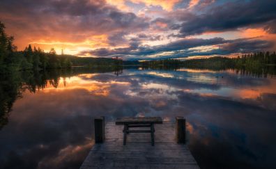 Norway, sunset, lake, dock, tree, skyline, clouds, reflections