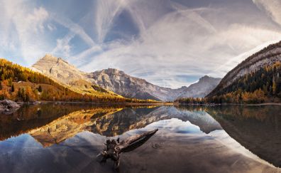 Mountains, lake, reflections, tree, forest, 5k