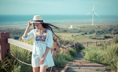 Windmill, landscape, girl model, asian, 5k