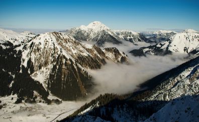 Mountains, aerial view, fog, valley, 5k