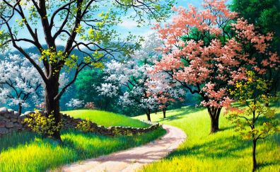 Spring nature painting trees grass road