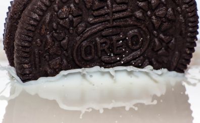 Oreo cookie, milk, close up