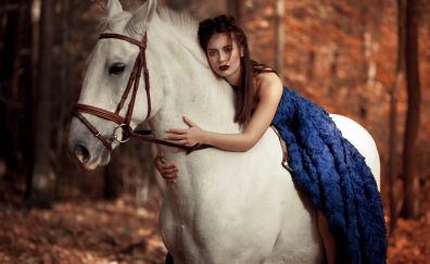 Red head, horse, ride, girl model, outdoor