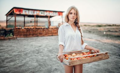 Beautiful, girl model, apple, basket