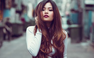 Asian model, brunette, pink lipstick