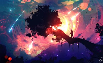 Illustration, sunset, Boy on tree, night, anime art