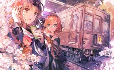 Railway station, blonde, anime girls