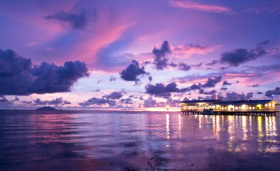 Sea, cottage, pink, sunset, clouds, reflections, nature