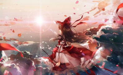Red cloths, anime girls, clouds, Reimu Hakurei, Touhou