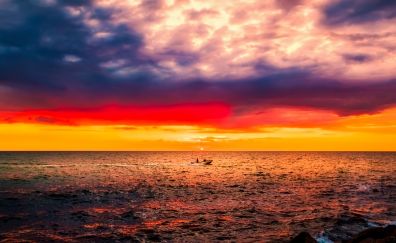 Denmark, sunset, sea, clouds, skyline, boat