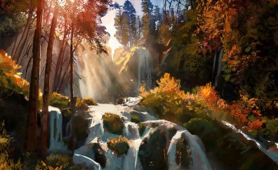 Waterfall, nature, river, art