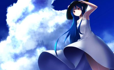 White dress, anime girl, blue hair, Tenshi Hinanawi, Touhou