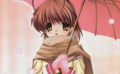 Snowfall, anime girl, umbrella, Nagisa Furukawa, Clannad