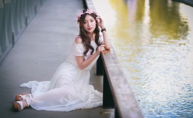 Cute, asian girl model, white dress, sit
