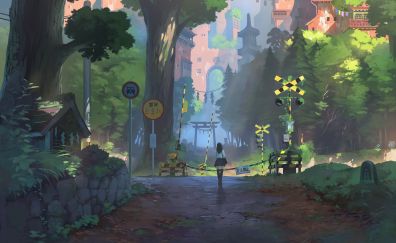 Anime girl, railway crossing, art, landscape