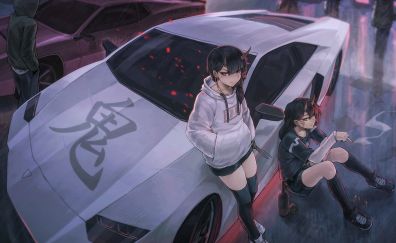 Car, urban anime girls, art