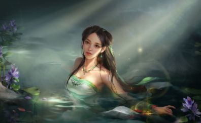 Beautiful woman, artwork, fantasy, lake