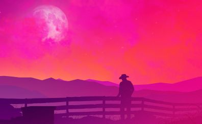 Red sky at night, cowboy, fence, art