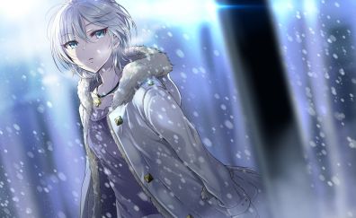White, anime girl, winter, snowfall