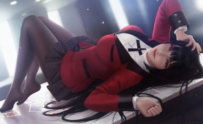 Anime girl, lying on poker table, art